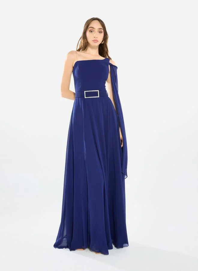 House of Moda Women One-Shoulder Draped Gown Maxi Dress